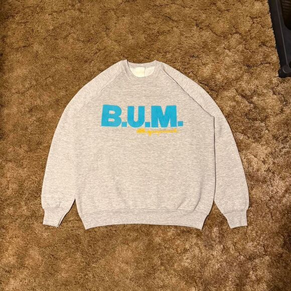 Vintage 80s BUM Equipment Retro Gym Crewneck Sweatshirt Grey Large - Picture 1 of 8
